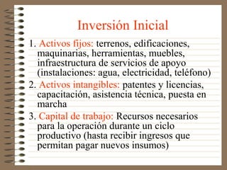 Inversión Inicial
1. Activos fijos: terrenos, edificaciones,
  maquinarias, herramientas, muebles,
  infraestructura de servicios de apoyo
  (instalaciones: agua, electricidad, teléfono)
2. Activos intangibles: patentes y licencias,
  capacitación, asistencia técnica, puesta en
  marcha
3. Capital de trabajo: Recursos necesarios
  para la operación durante un ciclo
  productivo (hasta recibir ingresos que
  permitan pagar nuevos insumos)
 