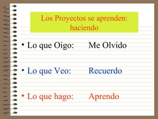 Los Proyectos se aprenden:
             haciendo

• Lo que Oigo:     Me Olvido

• Lo que Veo:      Recuerdo

• Lo que hago:     Aprendo
 