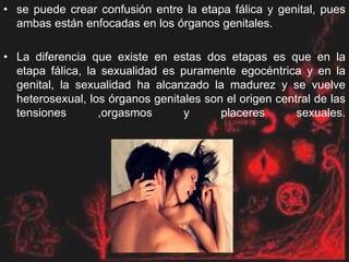 • se puede crear confusión entre la etapa fálica y genital, pues
ambas están enfocadas en los órganos genitales.
• La diferencia que existe en estas dos etapas es que en la
etapa fálica, la sexualidad es puramente egocéntrica y en la
genital, la sexualidad ha alcanzado la madurez y se vuelve
heterosexual, los órganos genitales son el origen central de las
tensiones ,orgasmos y placeres sexuales.
 