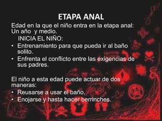 ETAPA ANAL
Edad en la que el niño entra en la etapa anal:
Un año y medio.
INICIA EL NIÑO:
• Entrenamiento para que pueda ir al baño
solito.
• Enfrenta el conflicto entre las exigencias de
sus padres.
El niño a esta edad puede actuar de dos
maneras:
• Reusarse a usar el baño.
• Enojarse y hasta hacer berrinches.
 