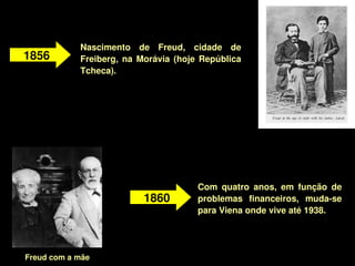Nascimento  de  Freud,  cidade  de 
    1856        Freiberg,  na  Morávia  (hoje  República 
                Tcheca). 




                                             Com  quatro  anos,  em  função  de 
                               1860          problemas  financeiros,  muda­se 
                                             para Viena onde vive até 1938. 



                                         
    Freud com a mãe
 