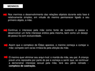 MENINOS


    Nos  meninos  o  desenvolvimento  das  relações  objetais  durante  esta  fase  é 
    relativamente  simples,  em  virtude  do  menino  permanecer  ligado  a  seu 
    primeiro objeto, a mãe.



    Continua  o  interesse  pela  mãe  como  fonte  de  sustento  e  passa  a 
    desenvolver um forte interesse erótico pela mesma, bem como um desejo 
    de possuí­la com exclusividade. 


    Assim  que  o  complexo  de  Édipo  aparece,  o  menino  começa  a  cortejar  a 
    mãe: compete com os/as irmãos/ãs pela afeição da mãe. 


    O menino quer eliminar seu arqui­rival: o marido da mãe, seu pai. A criança 
    prevê uma represália por parte do pai e começa a sentir que, se continuar 
    a  demonstrar  interesse  sexual  pela  mãe,  terá  seu  pênis  retirado  ­ 
    complexo de castração.               
 