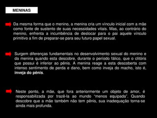 MENINAS


    Da mesma forma que o menino, a menina cria um vínculo inicial com a mãe 
    como  fonte  de  sustento  de  suas  necessidades  vitais.  Mas,  ao  contrário  do 
    menino,  enfrenta  a  incumbência  de  deslocar  para  o  pai  aquele  vínculo 
    primitivo a fim de preparar­se para seu futuro papel sexual.


    Surgem  diferenças  fundamentais  no  desenvolvimento  sexual  do  menino  e 
    da  menina  quando  esta  descobre,  durante  o  período  fálico,  que  o  clitóris 
    que  possui  é  inferior  ao  pênis.  A  menina  reage  a  esta  descoberta  com 
    intenso  sentimento  de  perda  e  dano,  bem  como  inveja  do  macho,  isto  é,
    inveja do pênis. 



     Neste  ponto,  a  mãe,  que  fora  anteriormente  um  objeto  de  amor,  é 
     responsabilizada  por  trazê­la  ao  mundo  “menos  equipada”.  Quando 
     descobre  que  a  mãe  também  não  tem  pênis,  sua  inadequação  torna­se 
     ainda mais profunda. 
                                             
 