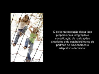 O êxito na resolução desta fase 
            proporciona a integração e 
           consolidação de realizações 
        anteriores e do estabelecimento de 
            padrões de funcionamento 
              adaptativos decisivos. 




     
 