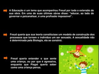 A Educação é um tema que acompanhou Freud por toda a extensão de 
    sua  obra.  Em  uma  de  suas  últimas  obras  disse:  "educar,  ao  lado  de 
    governar e psicanalisar, é uma profissão impossível”.




    Freud queria que sua teoria constituísse um modelo de construção dos 
    processos que tornam o indivíduo um ser sexuado. A sexualidade não 
    é determinada pela Biologia, ela se constrói. 




     Freud  queria  entender  o  que  sente 
     uma  criança,  ou  por  que  é  agressiva, 
     enquanto  que  Piaget  queria  saber 
     como uma criança pensa. 
                                         
 