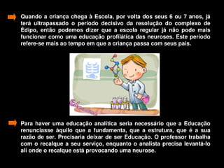 Quando  a  criança  chega à  Escola,  por  volta  dos  seus 6  ou 7 anos, já 
    terá  ultrapassado  o  período  decisivo  da  resolução  do  complexo  de 
    Édipo,  então  podemos  dizer  que  a  escola  regular  já  não  pode  mais 
    funcionar como uma educação profilática das neuroses. Este período 
    refere­se mais ao tempo em que a criança passa com seus pais. 




    Para  haver  uma  educação  analítica  seria  necessário  que  a  Educação 
    renunciasse  àquilo  que  a  fundamenta,  que  a  estrutura,  que  é  a  sua 
    razão de ser. Precisaria deixar de ser Educação. O professor trabalha 
    com  o  recalque  a  seu  serviço,  enquanto  o  analista  precisa  levantá­lo 
    ali onde o recalque está provocando uma neurose. 
                                          
 
