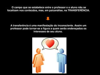 O campo que se estabelece entre o professor e o aluno não se 
    focalizam nos conteúdos, mas, em psicanálise, na TRANSFERÊNCIA. 




      A transferência é uma manifestação do inconsciente. Assim um 
      professor pode tornar­se a figura a quem serão endereçados os 
                         interesses de seu aluno. 




                                      
 