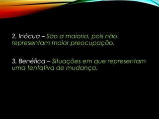 2. Inócua – São a maioria, pois não
representam maior preocupação.
3. Benéfica – Situações em que representam
uma tentativa de mudança.
 