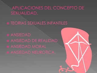    TEORIAS SEXUALES INFANTILES

 ANSIEDAD
 ANSIEDAD DE REALIDAD
 ANSIEDAD MORAL
 ANSIEDAD NEUROTICA.
 