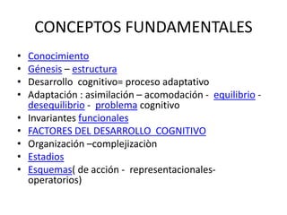 CONCEPTOS FUNDAMENTALES
• Conocimiento
• Génesis – estructura
• Desarrollo cognitivo= proceso adaptativo
• Adaptación : asimilación – acomodación - equilibrio -
desequilibrio - problema cognitivo
• Invariantes funcionales
• FACTORES DEL DESARROLLO COGNITIVO
• Organización –complejizaciòn
• Estadios
• Esquemas( de acción - representacionales-
operatorios)
 