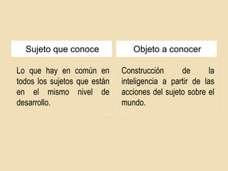Sujeto que conoce Objeto a conocer
Lo que hay en común en
todos los sujetos que están
en el mismo nivel de
desarrollo.
Construcción de la
inteligencia a partir de las
acciones del sujeto sobre el
mundo.
 
