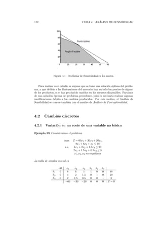 112 TEMA 4. ANÁLISIS DE SENSIBILIDAD
Figura 4.1: Problema de Sensibilidad en los costes.
Para realizar este estudio se supone que se tiene una solución óptima del proble-
ma, y que debido a las ﬂuctuaciones del mercado han variado los precios de alguno
de los productos, o se han producido cambios en los recursos disponibles. Partimos
de una solución óptima del problema precedente, pero es necesario realizar algunas
modiﬁcaciones debido a los cambios producidos. Por este motivo, el Análisis de
Sensibilidad se conoce también con el nombre de Análisis de Post-optimalidad.
4.2 Cambios discretos
4.2.1 Variación en un coste de una variable no básica
Ejemplo 53 Consideramos el problema
max Z = 60x1 + 30x2 + 20x3,
s.a.
8x1 + 6x2 + x3 ≤ 48
4x1 + 2x2 + 1.5x3 ≤ 20
2x1 + 1.5x2 + 0.5x3 ≤ 8
x1, x2, x3 no negativos
La tabla de simplex inicial es
cB x1 x2 x2 h1 h2 h3
h1 0 8 6 1 1 0 0 48
h2 0 4 2 1.5 0 1 0 20
h3 0 2 1.5 0.5 0 0 1 8
−60 −30 −20 0 0 0 Z = 0
 