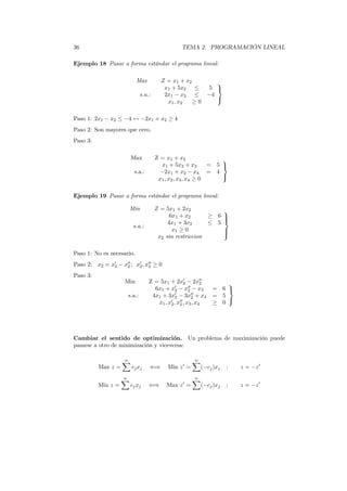 36 TEMA 2. PROGRAMACIÓN LINEAL
Ejemplo 18 Pasar a forma estándar el programa lineal:
Max Z = x1 + x2
s.a.:
x1 + 5x2 ≤ 5
2x1 − x2 ≤ −4
x1, x2 ≥ 0



Paso 1: 2x1 − x2 ≤ −4 ↔ −2x1 + x2 ≥ 4
Paso 2: Son mayores que cero.
Paso 3:
Max Z = x1 + x2
s.a.:
x1 + 5x2 + x3 = 5
−2x1 + x2 − x4 = 4
x1, x2, x3, x4 ≥ 0



Ejemplo 19 Pasar a forma estándar el programa lineal:
Min Z = 5x1 + 2x2
s.a.:
6x1 + x2 ≥ 6
4x1 + 3x2 ≤ 5
x1 ≥ 0
x2 sin restriccion



Paso 1: No es necesario.
Paso 2: x2 = x′
2 − x′′
2 ; x′
2, x′′
2 ≥ 0
Paso 3:
Min Z = 5x1 + 2x′
2 − 2x′′
2
s.a.:
6x1 + x′
2 − x′′
2 − x3 = 6
4x1 + 3x′
2 − 3x′′
2 + x4 = 5
x1, x′
2, x′′
2, x3, x4 ≥ 0



Cambiar el sentido de optimización. Un problema de maximización puede
pasarse a otro de minimización y viceversa:
Max z =
n
cjxj ⇐⇒ Min z′
=
n
(−cj)xj ; z = −z′
Min z =
n
cjxj ⇐⇒ Max z′
=
n
(−cj)xj ; z = −z′
 