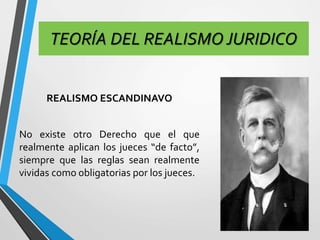 TEORÍA DEL REALISMO JURIDICO 
REALISMO ESCANDINAVO 
No existe otro Derecho que el que 
realmente aplican los jueces “de facto”, 
siempre que las reglas sean realmente 
vividas como obligatorias por los jueces. 
 