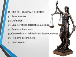 3. TEORIA DEL REALISMO JURÍDICO 
3.1. Antecedentes 
3.2. Definición 
3.3. Características del Realismo Jurídico 
3.4. Realismo Americano 
3.5.Características del Realismo Estadounidense 
3.6. Realismo Escandinavo 
3.7. Conclusiones 
 