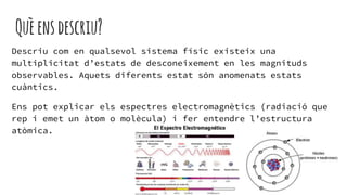 Quèensdescriu?
Descriu com en qualsevol sistema físic existeix una
multiplicitat d’estats de desconeixement en les magnituds
observables. Aquets diferents estat són anomenats estats
cuàntics.
Ens pot explicar els espectres electromagnètics (radiació que
rep i emet un àtom o molècula) i fer entendre l’estructura
atòmica.
 