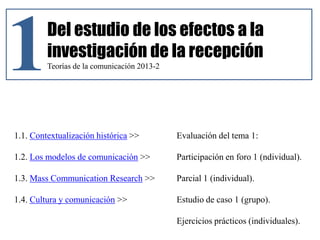 1Del estudio de los efectos a la
investigación de la recepción
Teorías de la comunicación 2013-2
1.1. Contextualización histórica >>
1.2. Los modelos de comunicación >>
1.3. Mass Communication Research >>
1.4. Cultura y comunicación >>
Evaluación del tema 1:
Participación en foro 1 (ndividual).
Parcial 1 (individual).
Estudio de caso 1 (grupo).
Ejercicios prácticos (individuales).
 