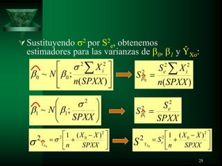 Sustituyendo 2 por S2
e, obtenemos
estimadores para las varianzas de 0, 1 y ŶXo:
)(
;~
22
00
SPXXn
X
N i
SPXX
N
2
11 ;~
SPXX
XX
nXY
2
02 )(12
0
)(
22
2
0
SPXXn
XS
S ie
SPXX
S
S e
2
2
1
SPXX
XX
n
SeYS X
2
02 )(12
0
28
 