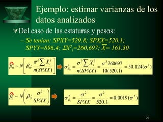 Ejemplo: estimar varianzas de los
datos analizados
Del caso de las estaturas y pesos:
– Se tenían: SPXY=529.8; SPXX=520.1;
SPYY=896.4; X2
i=260,697; X= 161.30
)(
;~
22
00
SPXXn
X
N i
)(124.50
)1.520(10
260697
)(
2
222
2
0
SPXXn
Xi
SPXX
N
2
11 ;~ )(0019.0
1.520
2
22
2
1
SPXX
29
 