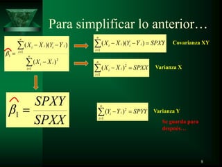 Para simplificar lo anterior…
SPXXXX
n
i
ii
1
2
)(
SPYYYY
n
i
ii
1
2
)(
n
i
ii
n
i
iiii
XX
YYXX
1
2
1
1
)(
))(( SPXYYYXX
n
i
iiii
1
))(( Covarianza XY
Varianza X
Varianza Y
Se guarda para
después…
SPXX
SPXY
1
8
 