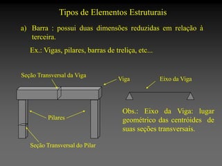Tipos de Elementos Estruturais
a) Barra : possui duas dimensões reduzidas em relação à
terceira.
Ex.: Vigas, pilares, barras de treliça, etc...

Seção Transversal da Viga

Pilares

Seção Transversal do Pilar

Viga

Eixo da Viga

Obs.: Eixo da Viga: lugar
geométrico das centróides de
suas seções transversais.

 