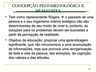 1414
CONCEPÇÃOCONCEPÇÃO FENOMENOLÓGICA EFENOMENOLÓGICA E
HUMANISTAHUMANISTA
 Tem como representante RogersTem como representante Rogers  o passado de umao passado de uma
pessoa e o seu organismo interno biológico não sãopessoa e o seu organismo interno biológico não são
determinantes de seu modo de viver e, portanto, asdeterminantes de seu modo de viver e, portanto, as
soluções para os problemas devem ser buscadas asoluções para os problemas devem ser buscadas a
partir da percepção da realidade.partir da percepção da realidade.
 Objetivo da educação: propiciar uma aprendizagemObjetivo da educação: propiciar uma aprendizagem
significante, que não circunscreve a uma acumulaçãosignificante, que não circunscreve a uma acumulação
de informações, mas que provoca uma reorganizaçãode informações, mas que provoca uma reorganização
de toda a vida da pessoa; das emoções, da cognição,de toda a vida da pessoa; das emoções, da cognição,
dos valores e das atitudes.dos valores e das atitudes.
 