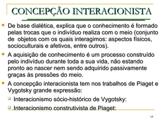 1717
CONCEPÇÃOCONCEPÇÃO INTERACIONISTAINTERACIONISTA
 De base dialética, explica que o conhecimento é formadoDe base dialética, explica que o conhecimento é formado
pelas trocas que o indivíduo realiza com o meio (conjuntopelas trocas que o indivíduo realiza com o meio (conjunto
de objetos com os quais interagimos: aspectos físicos,de objetos com os quais interagimos: aspectos físicos,
socioculturais e afetivos, entre outros).socioculturais e afetivos, entre outros).
 A aquisição de conhecimento é um processo construídoA aquisição de conhecimento é um processo construído
pelo indivíduo durante toda a sua vida, não estandopelo indivíduo durante toda a sua vida, não estando
pronto ao nascer nem sendo adquirido passivamentepronto ao nascer nem sendo adquirido passivamente
graças às pressões do meio.graças às pressões do meio.
 A concepção interacionista tem nos trabalhos de Piaget eA concepção interacionista tem nos trabalhos de Piaget e
Vygotsky grande expressão:Vygotsky grande expressão:
 Interacionismo sócio-histórico de Vygotsky:Interacionismo sócio-histórico de Vygotsky:
 Interacionismo construtivista de Piaget:Interacionismo construtivista de Piaget:
 
