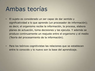Ambas teorías
•   El sujeto es considerado un ser capaz de dar sentido y
    significatividad a lo que aprende (un procesador de información);
    es decir, el organismo recibe la información, la procesa, elabora
    planes de actuación, toma decisiones y las ejecuta. Y además se
    produce continuamente un reajuste entre el organismo y el medio
    (Teoría del procesamiento de la información).


•   Para los teóricos cognitivistas las relaciones que se establecen
    entre lo conocido y lo nuevo son la base del aprendizaje.
 
