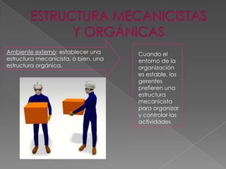 Ambiente externo: establecer una
estructura mecanicista, o bien, una
estructura orgánica.

Cuando el
entorno de la
organización
es estable, los
gerentes
prefieren una
estructura
mecanicista
para organizar
y controlar las
actividades

 