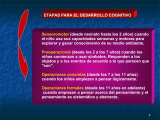 ETAPAS PARA EL DESARROLLO COGNITIVO Sensoromotor  (desde neonato hasta los 2 años) cuando el niño usa sus capacidades sensoras y motoras para  explorar y ganar conocimiento de su medio ambiente.  Preoperacional  (desde los 2 a los 7 años) cuando los niños comienzan a usar símbolos. Responden a los objetos y a los eventos de acuerdo a lo que parecen que "son".  Operaciones concretas  (desde los 7 a los 11 años)  cuando los niños empiezan a pensar lógicamente.  Operaciones formales  (desde los 11 años en adelante) cuando empiezan a pensar acerca del pensamiento y el  pensamiento es sistemático y abstracto.   