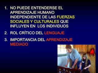 1. NO PUEDE ENTENDERSE EL
   APRENDIZAJE HUMANO
   INDEPENDIENTE DE LAS FUERZAS
   SOCIALES Y CULTURALES QUE
   INFLUYEN EN LOS INDIVIDUOS
2. ROL CRÍTICO DEL LENGUAJE
3. IMPORTANCIA DEL APRENDIZAJE
   MEDIADO
 