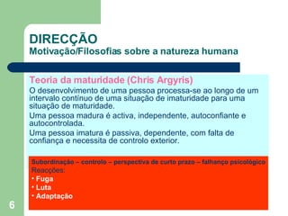 Teoria da maturidade (Chris Argyris) O desenvolvimento de uma pessoa processa-se ao longo de um intervalo contínuo de uma situação de imaturidade para uma situação de maturidade. Uma pessoa madura é activa, independente, autoconfiante e autocontrolada. Uma pessoa imatura é passiva, dependente, com falta de confiança e necessita de controlo exterior. DIRECÇÃO Motivação/Filosofias sobre a natureza humana Subordinação – controlo – perspectiva de curto prazo – falhanço psicológico Reacções: Fuga Luta Adaptação 