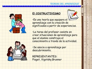 TEORIAS DEL APRENDIZAJE



El COSTRUCTIVISMO

•Es una teoría que equipara el
aprendizaje con la creación de
significados a partir de experiencias.

•La tarea del profesor cosiste en
crear situaciones de aprendizaje para
que el alumno construya el
conocimiento a través de la actividad.

•Se asocia a aprendizaje por
descubrimiento.

REPRESENTANTES:
Piaget, Vigotsky,Brunner
 