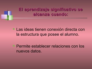 El aprendizaje significativo se
            alcanza cuando:


   Las ideas tienen conexión directa con
    la estructura que posee el alumno.

   Permite establecer relaciones con los
    nuevos datos.
 