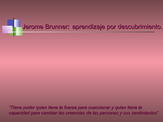 Jerome Brunner: aprendizaje por descubrimiento.




“Tiene poder quien tiene la fuerza para coaccionar y quien tiene la
capacidad para cambiar las creencias de las personas y sus sentimientos”
 