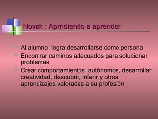 Novak : Aprndiendo a aprender

   Al alumno logra desarrollarse como persona
   Encontrar caminos adecuados para solucionar
    problemas
   Crear comportamientos autónomos, desarrollar
    creatividad, descubrir, inferir y otros
    aprendizajes valoradas a su profesión
 