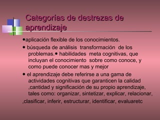 Categorías de destrezas de
 aprendizaje
●aplicación flexible de los conocimientos.
● búsqueda de análisis transformación de los
   problemas.● habilidades meta cognitivas, que
   incluyan el conocimiento sobre como conoce, y
   como puede conocer mas y mejor
● el aprendizaje debe referirse a una gama de
   actividades cognitivas que garanticen la calidad
   ,cantidad y significación de su propio aprendizaje,
   tales como: organizar, sintetizar, explicar, relacionar,
,clasificar, inferir, estructurar, identificar, evaluaretc
 