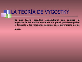 LA TEORÍA DE VYGOSTKY Es una teoría cognitiva sociocultural que enfatiza la importancia del análisis evolutivo y el papel que desempeñan el lenguaje y las relaciones sociales; en el aprendizaje de los niños.   