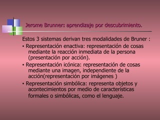 Estos 3 sistemas derivan tres modalidades de Bruner : ▪  Representación enactiva: representación de cosas mediante la reacción inmediata de la persona  (presentación por acción).  ▪  Representación icónica: representación de cosas mediante una imagen, independiente de la acción( representación por imágenes  ) ▪  Representación simbólica: representa objetos y acontecimientos por medio de características formales o simbólicas, como el lenguaje.   Jerome Brunner :  aprendizaje por descubrimiento.   