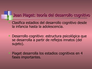 Jean Piaget: teoría del desarrollo cognitivo Clasifica estadios del desarrollo cognitivo desde la infancia hasta la adolescencia. Desarrollo cognitivo: estructura psicológica que se desarrolla a partir de reflejos innatos (del sujeto). Piaget desarrolla los estadios cognitivos en 4 fases importantes. 