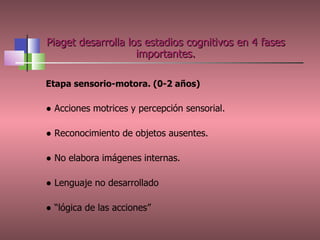 Etapa sensorio-motora. (0-2 años) ●  Acciones motrices y percepción sensorial. ●  Reconocimiento de objetos ausentes. ●  No elabora imágenes internas. ●  Lenguaje no desarrollado ● “ lógica de las acciones” Piaget desarrolla los estadios cognitivos en 4 fases importantes. 