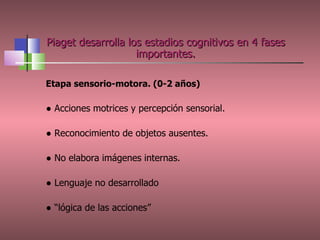 <ul><li>Etapa sensorio-motora. (0-2 años) </li></ul><ul><li>●  Acciones motrices y percepción sensorial. </li></ul><ul><li...