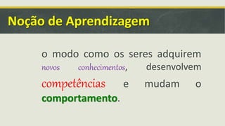 Noção de Aprendizagem
o modo como os seres adquirem
novos conhecimentos, desenvolvem
competências e mudam o
comportamento.
 