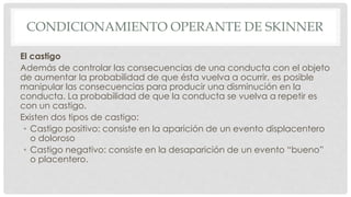 CONDICIONAMIENTO OPERANTE DE SKINNER
El castigo
Además de controlar las consecuencias de una conducta con el objeto
de aumentar la probabilidad de que ésta vuelva a ocurrir, es posible
manipular las consecuencias para producir una disminución en la
conducta. La probabilidad de que la conducta se vuelva a repetir es
con un castigo.
Existen dos tipos de castigo:
• Castigo positivo: consiste en la aparición de un evento displacentero
o doloroso
• Castigo negativo: consiste en la desaparición de un evento “bueno”
o placentero.
 