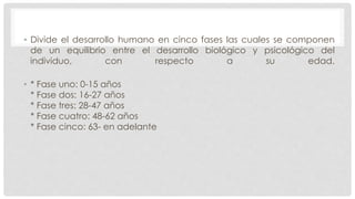 • Divide el desarrollo humano en cinco fases las cuales se componen
de un equilibrio entre el desarrollo biológico y psicológico del
individuo, con respecto a su edad.
• * Fase uno: 0-15 años
* Fase dos: 16-27 años
* Fase tres: 28-47 años
* Fase cuatro: 48-62 años
* Fase cinco: 63- en adelante
 
