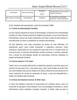 Autor: Sergio Alfredo Macore 2017
6
No Ambiente Geral dos Sistemas
Bertalanffy,
Schain
Interdependência entre as partes; o
universo é sistémico.
Nas Variáveis ambientais Da Contingência Woodward
A interveniência das variáveis
ambientais, criando dependência.
Fonte: Adaptada pela pesquisadora, a partir do Caravantes (1998)
3.1.1.Teoria da Administração Científica
Um dos maiores expoentes da teoria da administração, conhecida como Administração
Científica foi Taylor. Através da leitura de Idalberto Chiavenato, em sua Teoria Geral da
Administração, nota-se que Taylor compartilhou com Fayol, criador da teoria clássica, o
reconhecimento de serem os fundadores da moderna administração.
Os dois defendiam uma visão mecanicista, de pontos de vista diferentes. Foi
exactamente assim, como mostra Chiavenato, o engenheiro americano Taylor
enxergava a organização de uma empresa de baixo para cima e o Francês Fayol, de
cima para baixo. A chamada administração científica começou a contribuir realmente
com a ciência da administração através de observações empíricas realizadas no
período da Revolução Industrial.
3.1.2.Teoria clássica: F. W. Taylor
Taylor iniciou o seu estudo observando o trabalho dos operários. Sua teoria seguiu um
caminho de baixo para cima, e das partes para o todo; dando ênfase na tarefa. Para
ele a administração tinha que ser tratada como ciência. Desta forma ele buscava ter um
maior rendimento do serviço do operariado da época, o qual era desqualificado e
tratado com desleixo pelas empresas.
3.1.3.Teoria das relações humanas: G. Elton mayo
A Teoria das Relações Humanas foi desenvolvida por cientistas sociais, como um
movimento de oposição à Teoria Clássica. Com uma abordagem humanística, a Teoria
Administrativa sofreu verdadeira revolução conceitual. A ênfase voltou-se para as
 
