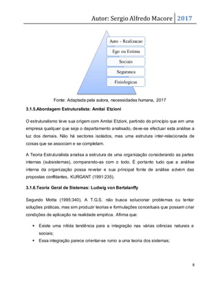 Autor: Sergio Alfredo Macore 2017
8
Fonte: Adaptada pela autora, necessidades humana, 2017
3.1.5.Abordagem Estruturalista: Amitai Etzioni
O estruturalismo teve sua origem com Amitai Etzioni, partindo do princípio que em uma
empresa qualquer que seja o departamento analisado, deve-se efectuar esta análise a
luz dos demais. Não há sectores isolados, mas uma estrutura inter-relacionada de
coisas que se associam e se completam.
A Teoria Estruturalista analisa a estrutura de uma organização considerando as partes
internas (subsistemas), comparando-as com o todo. É portanto tudo que a análise
interna da organização possa revelar e sua principal fonte de análise advém das
propostas conflitantes, KURGANT (1991:235).
3.1.6.Teoria Geral de Sistemas: Ludwig von Bertalanffy
Segundo Motta (1995:340), A T.G.S. não busca solucionar problemas ou tentar
soluções práticas, mas sim produzir teorias e formulações conceituais que possam criar
condições de aplicação na realidade empírica. Afirma que:
 Existe uma nítida tendência para a integração nas várias ciências naturais e
sociais;
 Essa integração parece orientar-se rumo a uma teoria dos sistemas;
Auto - Realizacao
Ego ou Estima
Sociais
Seguranca
Fisiologicas
 