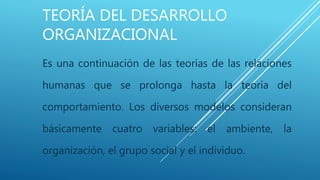 TEORÍA DEL DESARROLLO
ORGANIZACIONAL
Es una continuación de las teorías de las relaciones
humanas que se prolonga hasta la teoría del
comportamiento. Los diversos modelos consideran
básicamente cuatro variables: el ambiente, la
organización, el grupo social y el individuo.
 