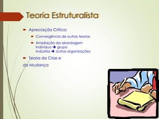 Teoria Estruturalista
 Apreciação Crítica:
 Convergência de outras teorias
 Ampliação da abordagem
Indivíduo ➔ grupo
Indústria ➔ outras organizações
 Teoria da Crise e
da Mudança
 