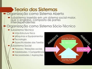 Teoria dos Sistemas
Organização como Sistema Aberto
Subsistema inserido em um sistema social maior,
que o engloba, composto de partes
interdependentes
Organização como Sistema Sócio-Técnico
 Subsistema Técnico
 Infra-Estrutura física
 Máquinas e Equipamentos
 Tecnologia
 Especificidades das Tarefas
 Subsistema Social
 Pessoas / Relações sociais
 Habilidades / Competências
 Necessidades / Aspirações
s. técnico
ESTRUTURA
s. social
ESTRUTURA
INSUMOS EXSUMOS
 